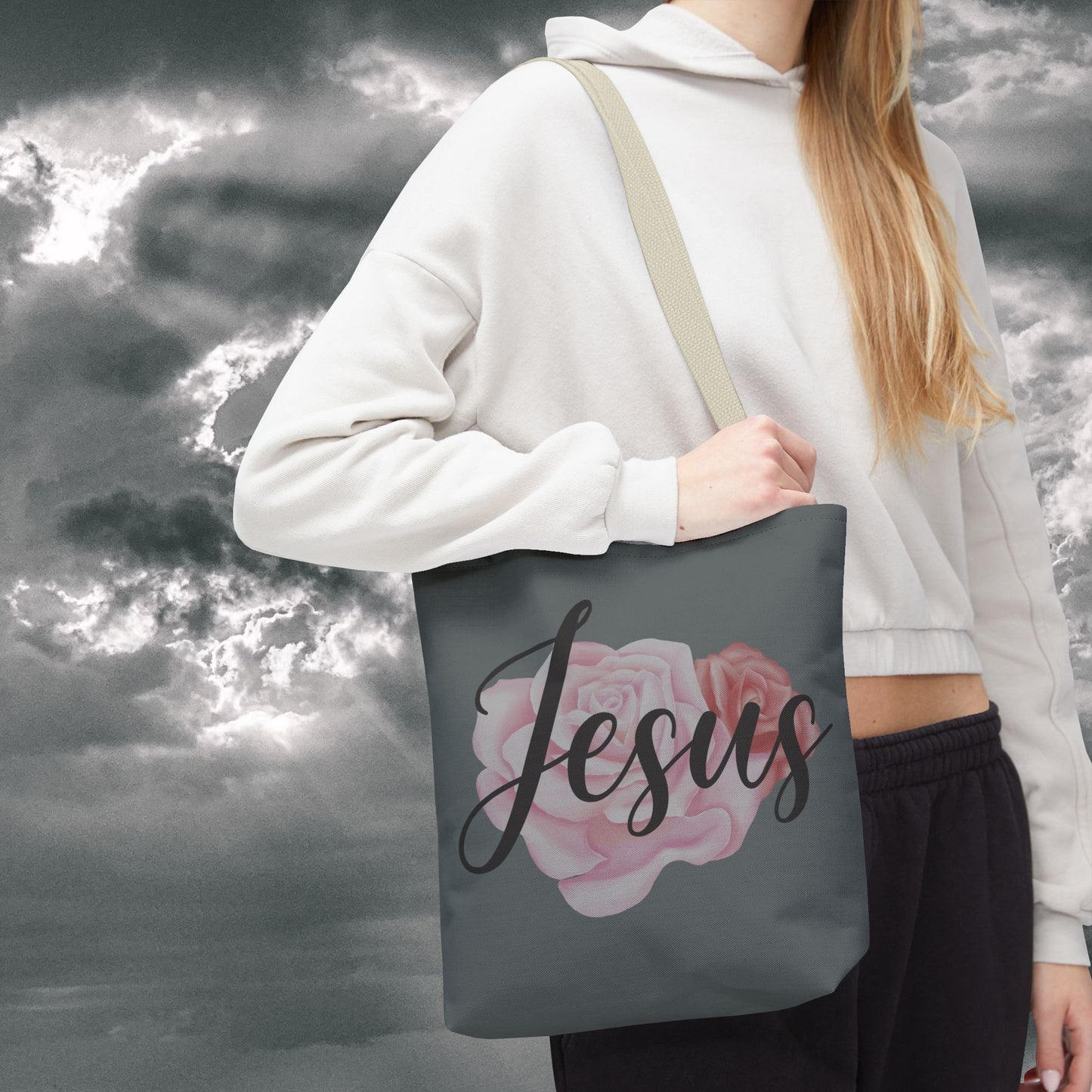Jesus and Roses Floral Tote Bag